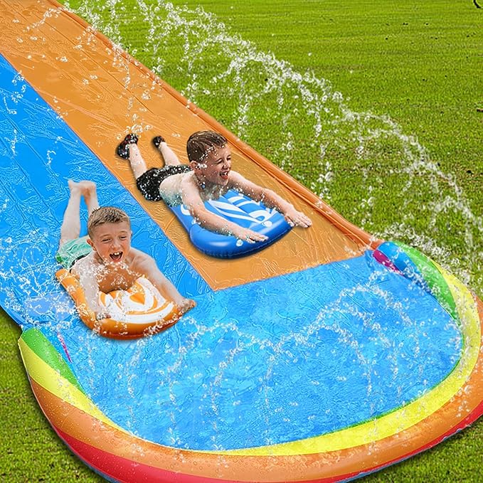 MorTime 22.5ft Slip Water Slide with Sprinklers, Slip and Slide with 2 Inflatable Bodyboards and Splash Pool Waterslide Backyard Lawn Outdoor Water Toy