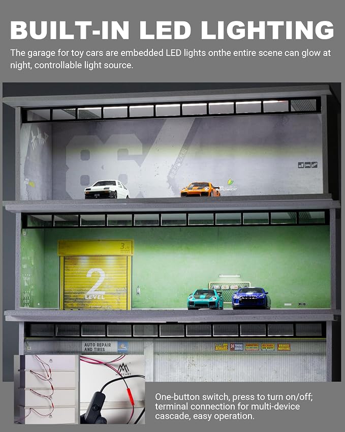 1/64 Scale Display Case Car Garage Moldel, Acrylic Cover Diecast Car Show Case with LED Light 6 Parking Spaces, Hot diecast Wheel Parking Scene (Vehicles Not Included) Red Brick Wall