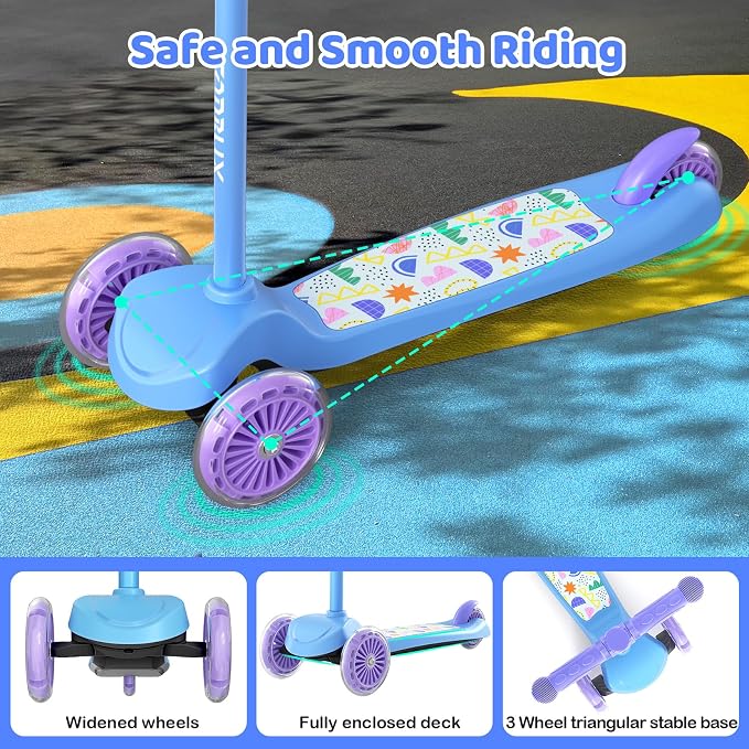 TONBUX Kids Scooter for Ages 3-5, Toddler Scooter with Light-Up Deck and Wheels, Adjustable 4-Level Height 3-Wheel Scooters for Kids, Lean-to-Steer Design