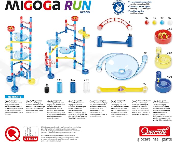Quercetti Migoga Marble Run Ocean - Set Includes 93 Pieces to Build Tracks, 12 Colored Marbles and Multi-Start for Simultaneous Launches - STEM Toy for Educational Play, for Kids Ages 5 Years +
