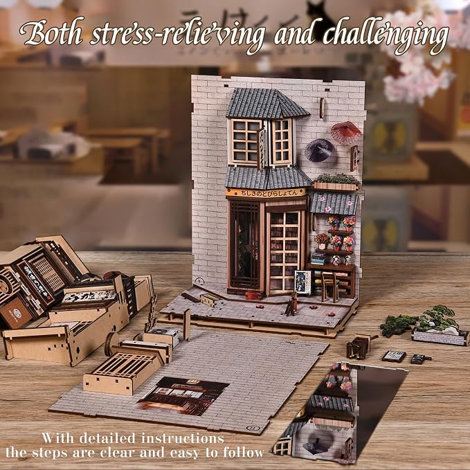DIY Book Nook Kit - Japanese DIY Miniature House Kit for Adults,Dollhouse Kit 3D Wooden Puzzle Bookend Diorama Insert Decor,Gifts for Family Friends (The Alley Waiting for the Cat)