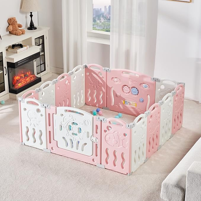 Albott Baby Playpen, Upgraded 14 Panels Foldable Baby Fence with Game Panel and Safety Gate, Adjustable Shape, Portable Play Yards for Children Toddlers Indoors or Outdoors (Pink+White,14 Panel)