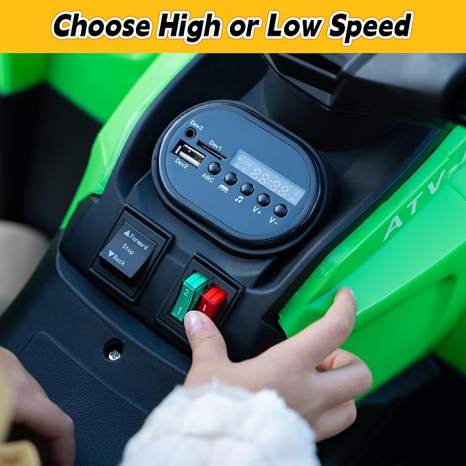 TOBBI 24V Kids Electric Ride On ATV, Battery-Powered 4 Wheels Ride On Car with Storage Basket, Three-Speed, LED Light, Music, Ride On Toy for Kids 3-8 Years-Green