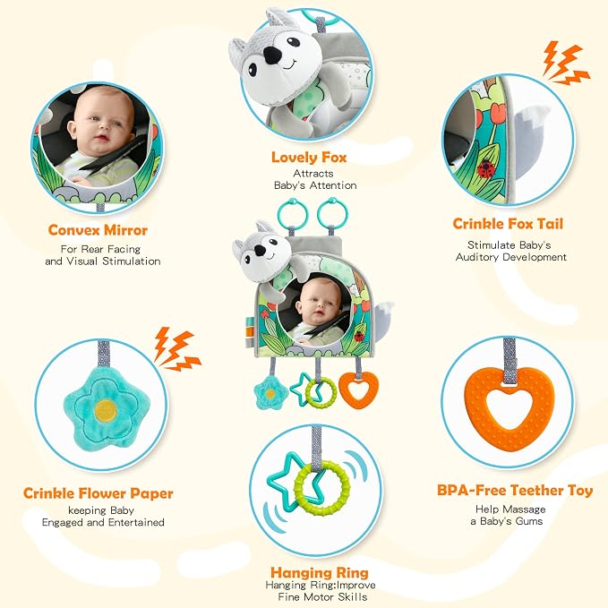 Lynncare Car Seat Toy, Baby Car Mirror Toy for Rear Facing, Travel Baby Activity Center with Hanging Engaging Toys for Infants Babies 0-6-12-18 Months Boy Girl