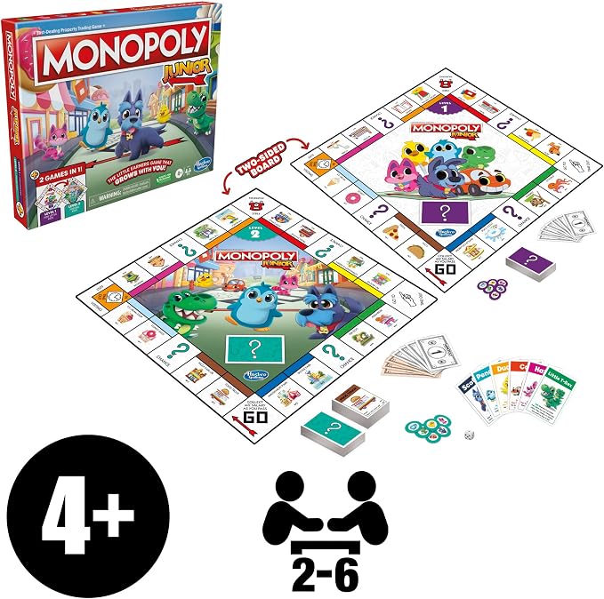 Hasbro Gaming Monopoly Junior Board Game, 2-Sided Gameboard, 2 Games in 1, Monopoly Game for Younger Kids Ages 4 and Up, Kids Games for 2 to 6 Players