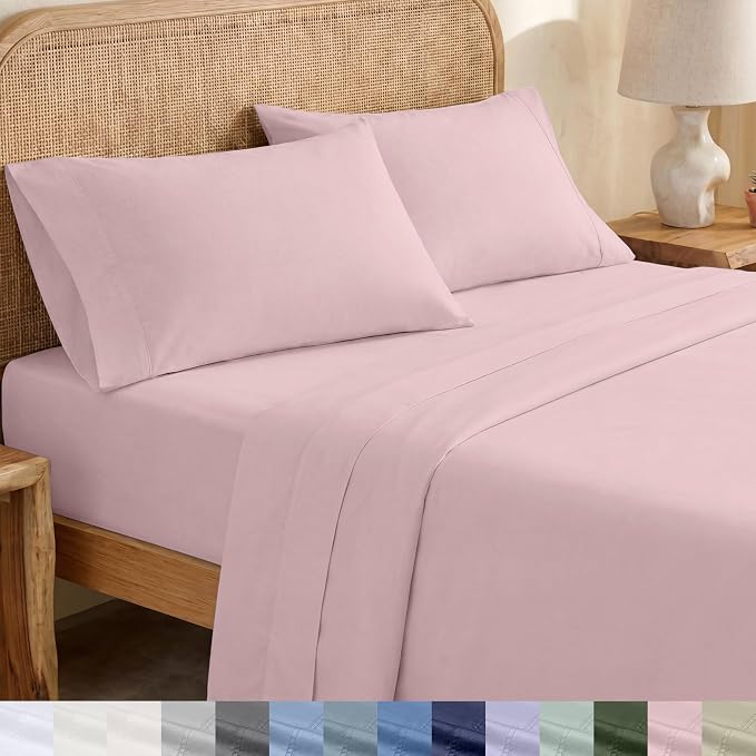 California Design Den Queen Sheet Set - Soft 100% Organic Bed Sheets with Deep Pockets, Crisp Percale, Breathable and Durable Bedding Set (Pink - Chalky Tone)