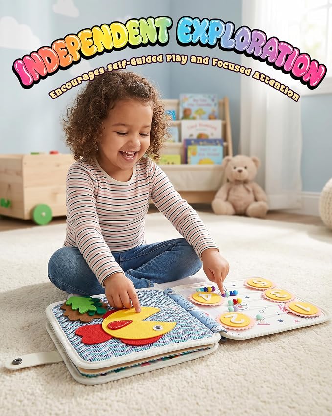 Montessori Busy Book for Toddlers, 8-Page Sensory Activity Book for Fine Motor Skills & Basic Dress Learning, Portable Travel Toy for Preschool Kids, Birthday Gift for Boys and Girls (Lion)