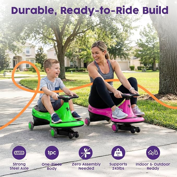 Hurtle Swing Ride On Car, Wiggle Car Toy for Kids, No Pedals, Batteries or Gears, Safe Toddler Ride On Toy with Twist & Go Motion, for Indoor & Outdoor Use, Suitable for Kids Above 2 Years, Pink