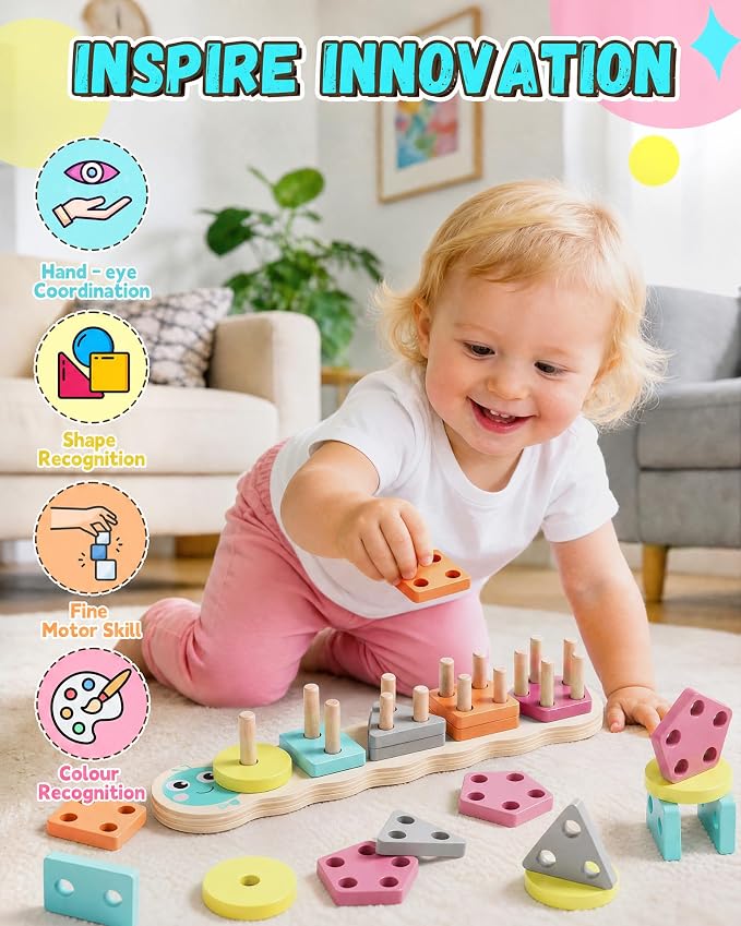 Zeewoo Montessori Toys for 1 2 Year Old Girl Gifts Educational for 1-3 Year Old Caterpillar Wooden Shape Sorter Stacking Toys for Toddlers 2-4 Preschool Learning Toy Birthday Boy Girl Gift