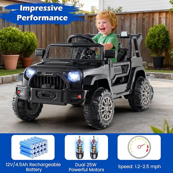 Costzon Ride on Car with Detachable Trailer, 12V Battery Powered Ride on Truck with Parent Remote Control, Light & Music, Electric Vehicle Kids Car Toy for Boys & Girls (Black)