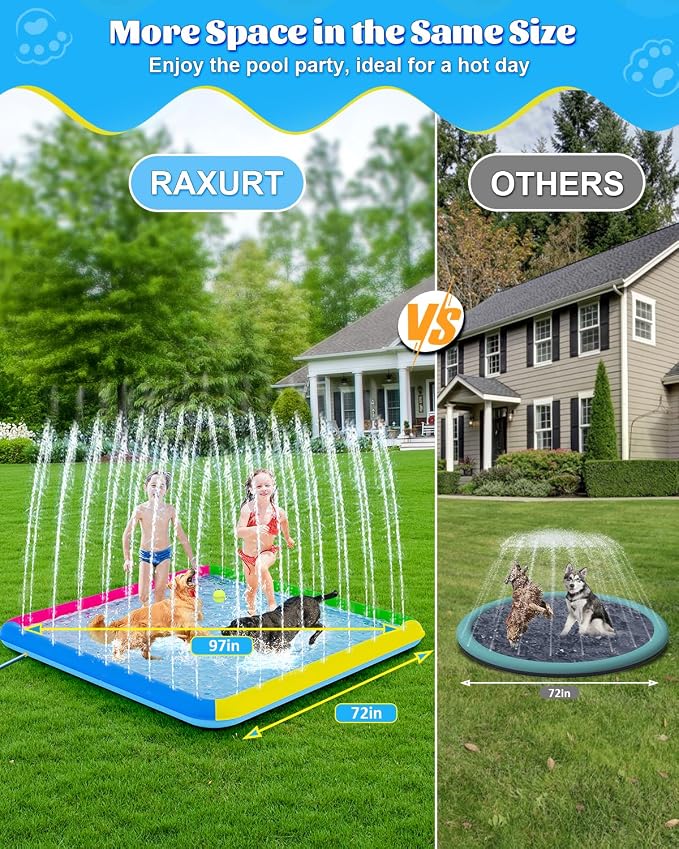 Raxurt Splash Pad, 97"- 72" Non-Slip Splash Pad for Kids and Dogs, Thickened Durable Square Dog Pool with Sprinkler Summer Outdoor Water Toys for Toddler Girls Boys Children Pet