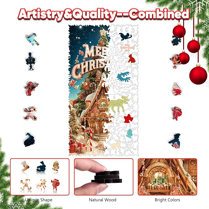 Leodozzio Christmas Tree Snowhouse Wooden Puzzles for Adults 500 Pieces, 5MM Unique Winter Shape Jigsaw Puzzle for Grandkids, Holiday Decoration Gifts, Family Game,10x18.3 in