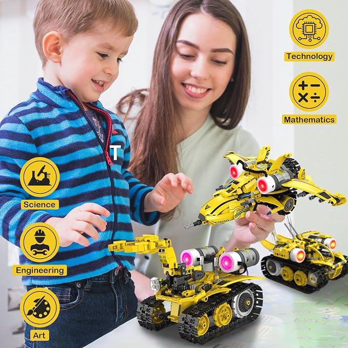 5-in-1 STEM RC Robot Building Blocks Kit, Educational Toys Age 6-12 | Remote & app controlled rechargeable motorized, 673pcs, LED light & sound, programming coding - birthday gift 7-10 yr