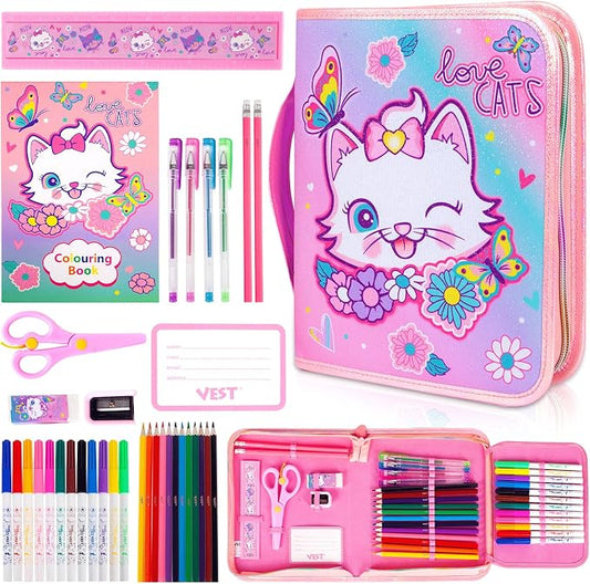 Washable Markers Set with Glitter Pencil Case, Art Supplies for Kids Ages 4-6-8, Arts Crafts Travel Coloring Kit for Girls 4 5 6 7 8 Year Old Birthday Gifts