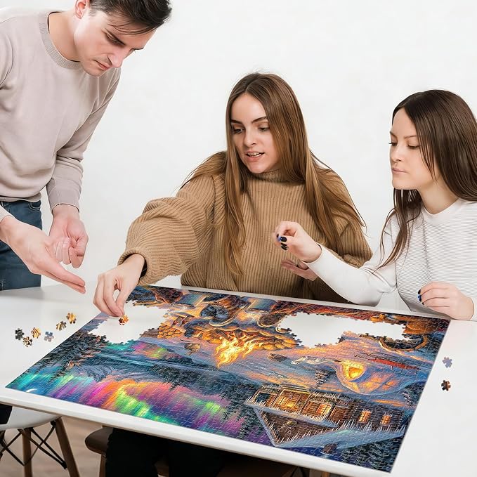 Aurora Winter Cabin Puzzles for Adults 1000 Pieces,Impossible Hard Challenging Jigsaw Puzzles for Adults,Puzzle with Letters on Back Games,Peaceful Snowy Escape Wall Art Decor,Gifts for Boys Girls