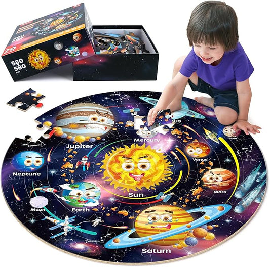 SYNARRY Solar System Floor Puzzles for Kids Ages 4-8, Large 70 Piece Jigsaw Puzzles for Kids Ages 4-6, Space Planet Astronaut Toys Puzzles, Preschool Learning Toys, Easter Basket Stuffers for Boy Girl
