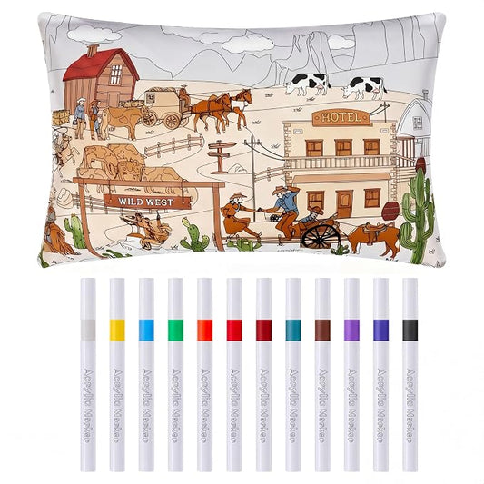 Mindsoft Coloring Pillowcase with 12 Pcs Markers Color Your Own Pillowcase Kit for Coloring Craft Decoration Supplies, 28.7 x 19.7 Inch(West Cowboy)
