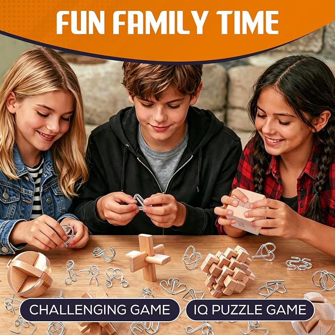 30pcs Metal & Wooden Brain Teaser Puzzles Set, 3D Brain Teasers Wire Puzzles for Adults Teens Kids, Educational IQ Unlock Interlock Puzzle, Entertaining & Thoughtful Gift Set