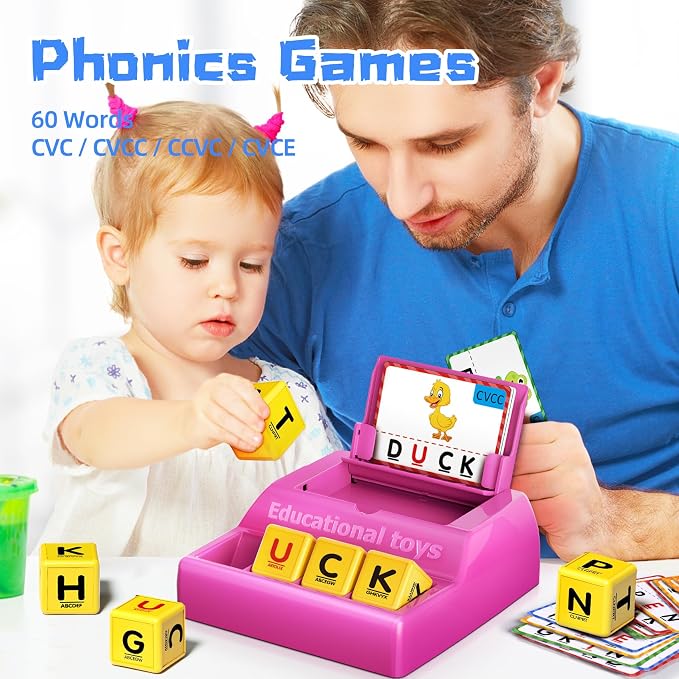 Montessori Matching Letter Game for Kids Ages 3-8 | Educational Learning Spelling Toys with Storage Function | Christmas Birthday Gifts for 3 4 5 6 Year Old Boys & Girls | Larger Pink (50% Bigger)