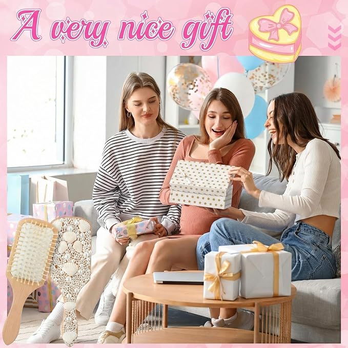 6 Sets DIY Wooden Hairbrush Craft Kit 10" White Hair brush Make Your Own Girls Night Party Supplies with Pearl Shell for DIY Gift Wedding Birthday Valentines Party Crafts (Square)