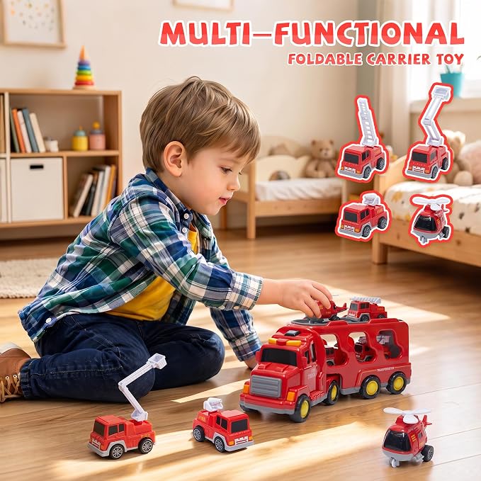 JoyRapt 5 in 1 Construction Truck Toys for Toddlers 3-5, Carrier Transport Trucks 4 Pack Small Pull Back Construction Vehicles Friction Power Cars, Christmas Birthday Gift Toys for Boys Girls.