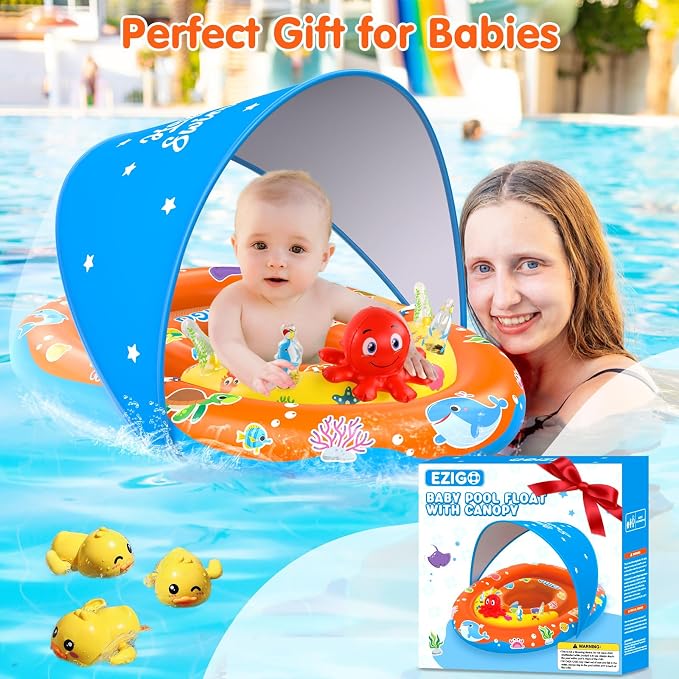 EZIGO Baby Pool Float with Canopy UPF50+ Sun Protection, Inflatable Kids Pool Floats with Ocean Animal Toys for Baby 6-36 Months, Infant Swimming Float with Adjustable Safety Seat for Boys Girls