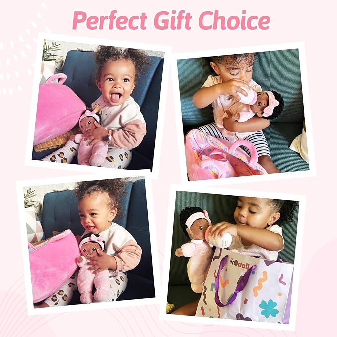 OUOZZZ 10" Black Baby Doll Accessories with Soft Doll, Bassinet, Blanket and Bottle, Toys for 2 Year Olds Girls Birthday Gift, Interactive Pretend Playset for Social Emotional Learning