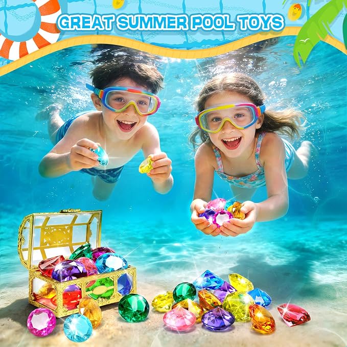 DISHIO Large Diving Gem Pool Toys with Golden Treasure Box, 10PCS Colorful Acrylic Diamonds Set for Summer Swimming Underwater Training, Pirate Party Favors, Bath Toys for Kids Gold