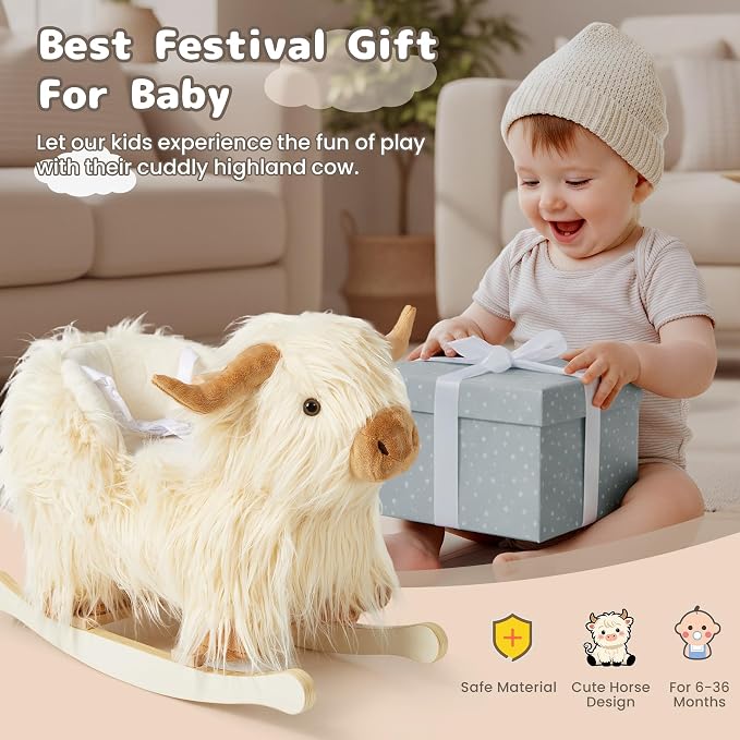 Baby Rocking Horse,Highlander Cattle Rocking Toy for 1+ Year Old Boys and Girls Rocking Horse for Kids Room Nursery Birthday Party Shower Gift Wood Animal Rocker French Design 3-Side Seat PP Cotton