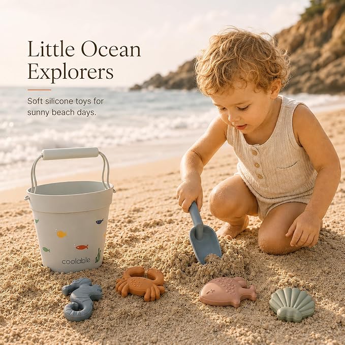 6-Piece Silicone Beach Toys Set for Kids - Foldable Sand Bucket, Shovel, 4 Sand Molds and Mesh Bag - Sea Creatures