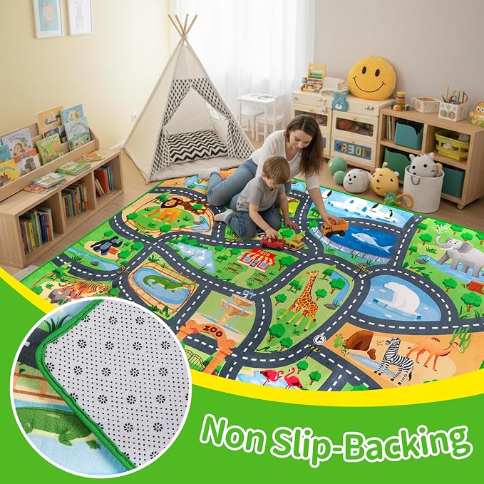 Car Rug Play Mat,3'3" x 4'11" Zoo Park Road Car Mat for Kids,Non-Slip Animal Car Track Rugs for Kids Toy Cars,Educational Kid Road Playmat Rug for Playroom Bedroom Kid Room(for Age 2+)