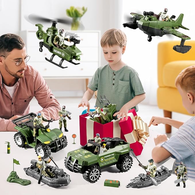 78-in-1 Army Men Toys Sets with Realistic Military Truck/Helicopter/Kayak Boat/Motorcycle/Army Men Action Figures/Weapon Gears, Army Toys Gift for Boys Kids 4-7 6-8 8-14 Fun Birthday Party Favors