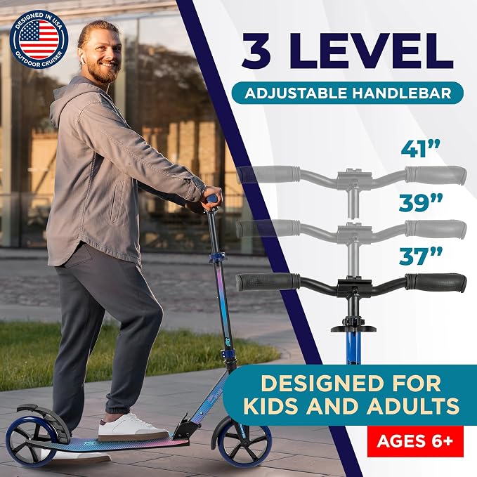 Outdoor Cruiser Kick Scooter for Ages 6+, for Kids, Teens, and Adults, Max Load 250 LBS, Foldable, 8-inch Wheels for Kids and Adults, Dual Suspension, 3 Adjustable Levels, Child Safety Approved, Blue