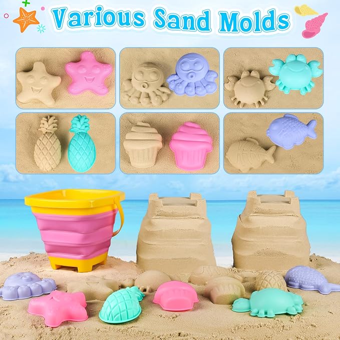 Collapsible Beach Toys for Kids, 3 Pack Foldable Sand Buckets and Shovels Set with Mesh Bag, Silicone Pails Shovels Molds, Sandbox Travel Sand Toys for Beach Essentials for Toddlers Kids Age 3-10