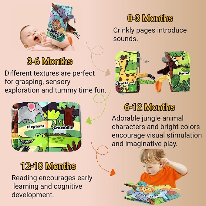 Soft Baby Books, Tummy Time Cloth Travel Toys 0-6 Months Touch Feel Sensory Book Jungle Tails for Babies Girl 3-6 6 to 12 Month Old 0-3-4-5-6-7-8-9 Newborn Infant Boy Must Haves Birthday Gift