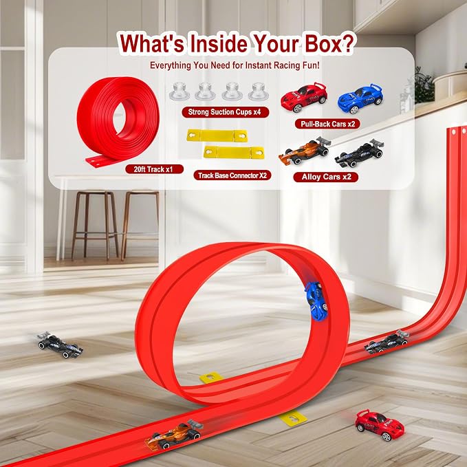 Flexible Race Track for Kids Starter Set - 20FT Flex Race Car Ramp Track, Rolls Up Portable DIY Racetrack Compatible with Hot Wheels & Diecast 1/64th Cars