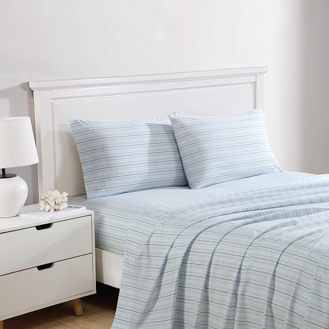 Nautica - Sheets, Cotton Percale Bedding Set with Matching Pillowcase, Crisp & Cool, Deep Pocket (Camp Stripe Blue, Twin XL)