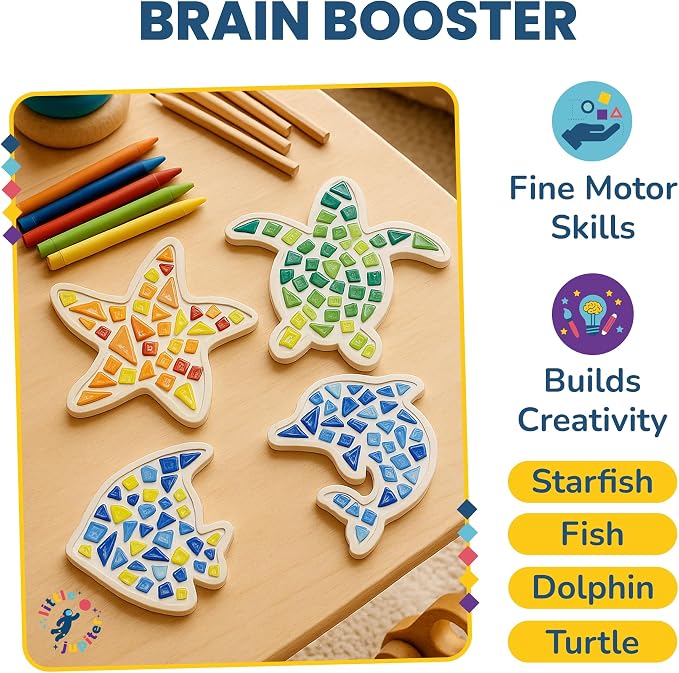 Little Jupiter DIY Mosaic Kit - Builds 4 Different Sea Mosaic Art Pieces - The Perfect Arts and Crafts for Girls and Boys Ages 8-12 - Kids Art Set Activity for Birthdays, Christmas, Holidays, & More