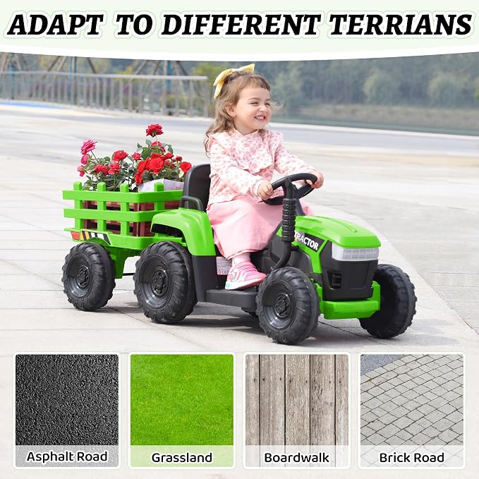 TOBBI Kids Electric Toy Tractor, 12V Battery-Powered Toddlers Ride On Car to Drive, Motorized Trailer Vehicle with 35W Dual Motor/6-Wheels/3-Speeds/LED & Horn Functions for Chirdren Aged 3-8-Green