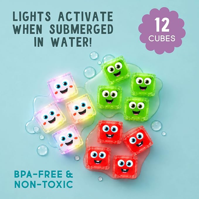 Glo Pals Water-Activated Light-Up Sensory Bath Toy Cubes for Bathtime and Sensory Play, Vibrant Light-Up Colored Cubes for Kids and Toddlers, Glows Green, Red, and Multi-Color, Pack of 12