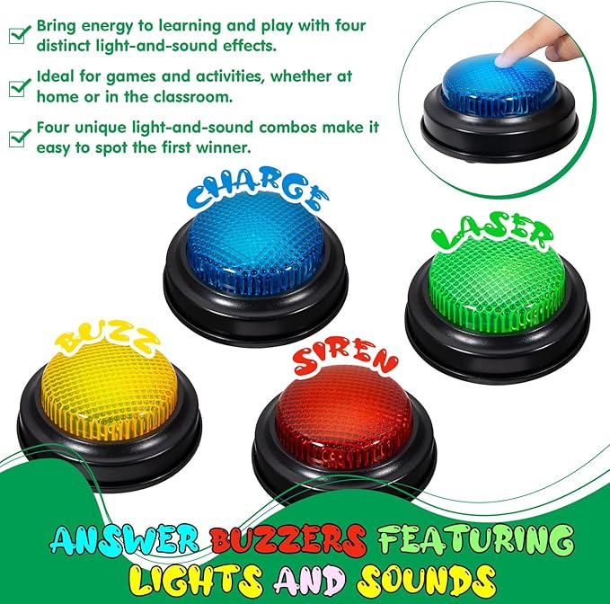 Set of 4 Trivia Game Buzzers with Lights & Sound, Family Feud & Jeopardy Quiz Buttons for Classroom, Party Games, Red/Blue/Yellow/Green