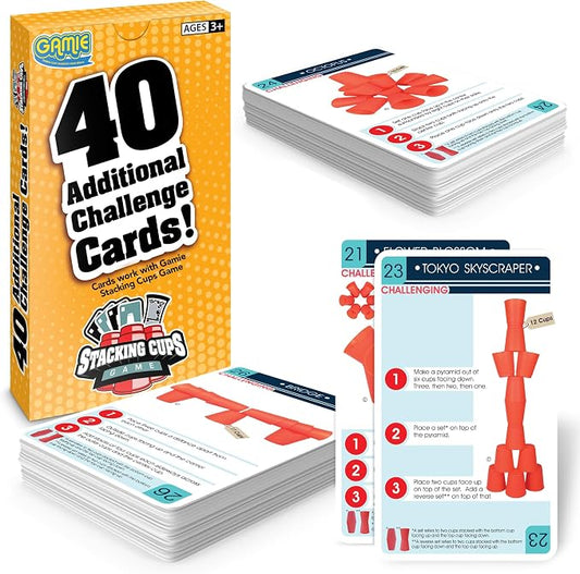 Gamie Challenge Cards for Stacking Cups Game - 40 Additional Cards With Instructions - 20 Medium and 20 High Difficulty for Next Level Fun - Cups Sold Separately