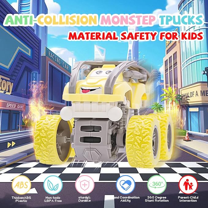 Monster Truck for Boys 3 4 5 6 7 Year Old,4 Pack Push and Go Friction Powered Car Toys, Double-Directions Inertia Pull Back Vehicle Set,Birthday Party Gift for Kids (Type_E)