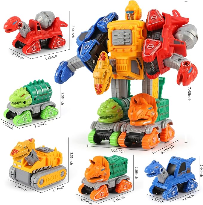 Dinosaur Toys for 3 4 5 6 Year Old Boys– 5-in-1 Detachable Construction Vehicles Set–Transform Robot Kids Toys Cars– Easy DIY Toys for Ages 5+ – Gifts for Boys Girls Birthday Christmas Easter