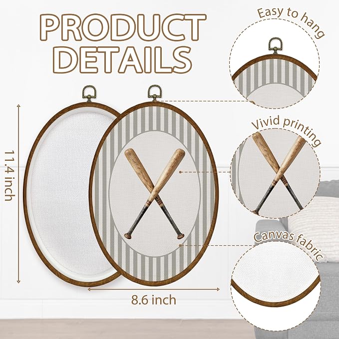 WULQYING Baseball Bats Sports Nursery Wall Art Decor, Boys Room Oval Framed Canvas Art Prints, Neutral Striped Sport Lover Gift Wall Hanging Decor for Kids Nursery Room Playroom, 8.5x11.3 Inches