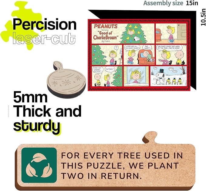 Peanuts Puzzles for Adults – Christmas Comic Charlie Brown Wooden Puzzles, 300 Pieces Snoopy Collection Jigsaw Puzzle, for Kids, 5MM Thick, Officially Licensed Merchandise, 15" x 10.5"