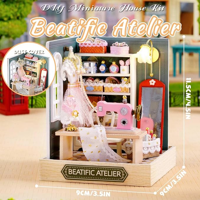 Kisoy Dollhouse Miniature with Furniture Kit, DIY 3D Wooden DIY House Kit with Dust Cover,Handmade Tiny House Toys for Teens Adults Gift (Beatific Atelier)