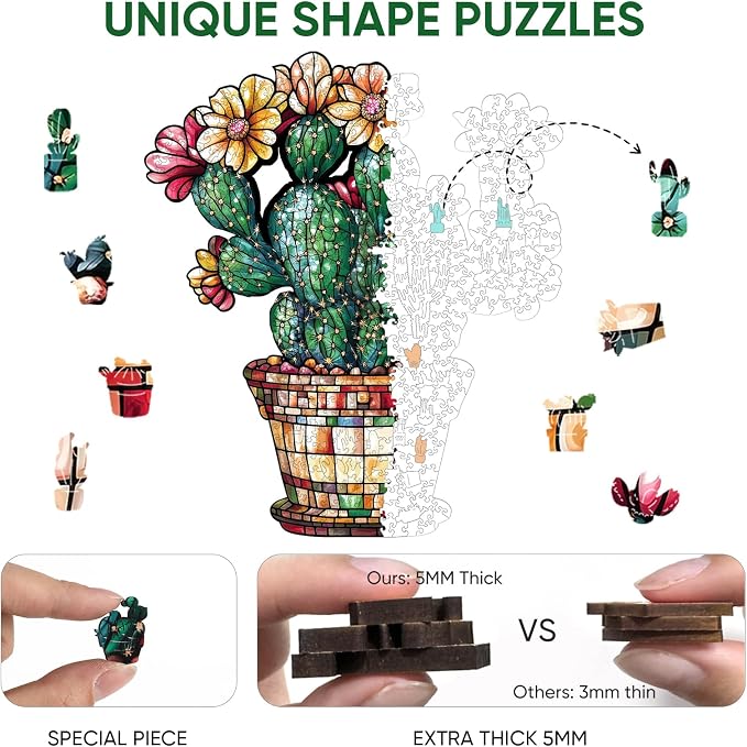 Delobil Stained Glass Cactus Wooden Puzzles for Adults, 200 Pieces Jigsaw Puzzles, Unique Shaped Medium Size Wood Puzzle Gift for Adults and Kids, Family Game 11.3'' x 13.2''