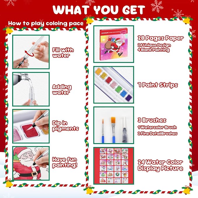 Christmas Paint with Water Coloring Books for Kids, Xmas Season Watercolor Painting Kit Painting Activity for Kids Ages 3-5 4-8, Mess Free Arts Crafts Drawing Gift Toy for Boy Girl