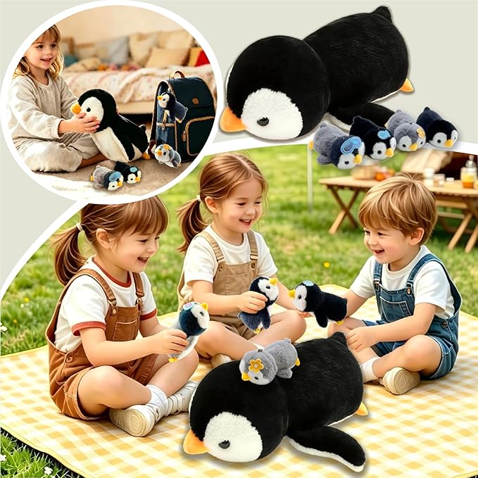 Penguin Stuffed Animal，Cute Penguin Mommy Stuffed Animal with 4 Baby Penguin Plushies in Tummy，Kawaii Penguin Plush Toy Gift for Kids Girls Boys